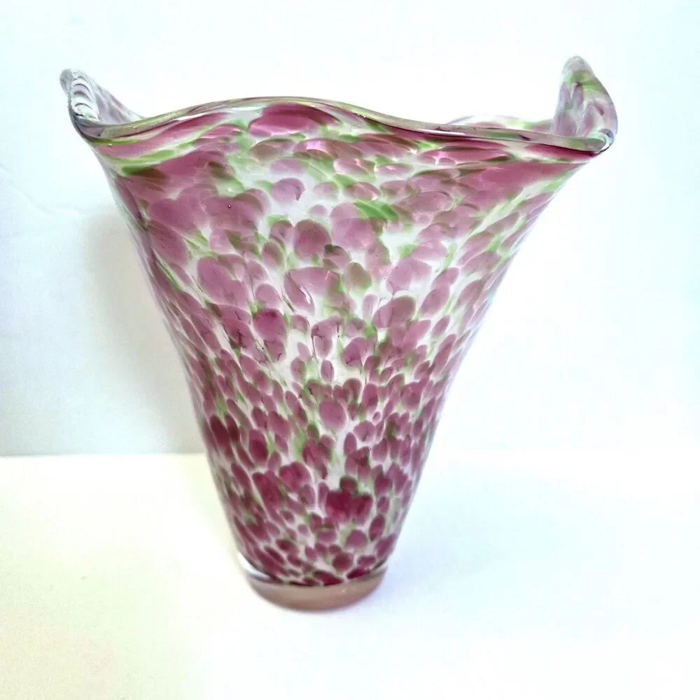 MCM burton + BURTON Artglass Vase Ruffle Edge Pink/Green Confetti Approx 6.5